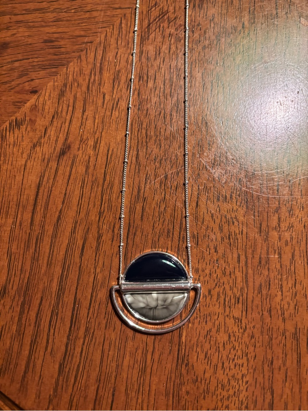 Chico’sSilver Tone Double-Half Circle Pendant Necklace with Blue and Marble Inl